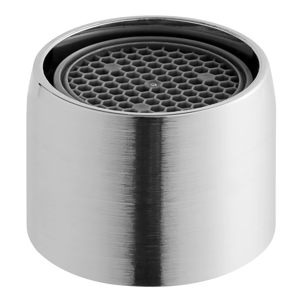 A silver round Waterloo aerator with a black circle on the top.