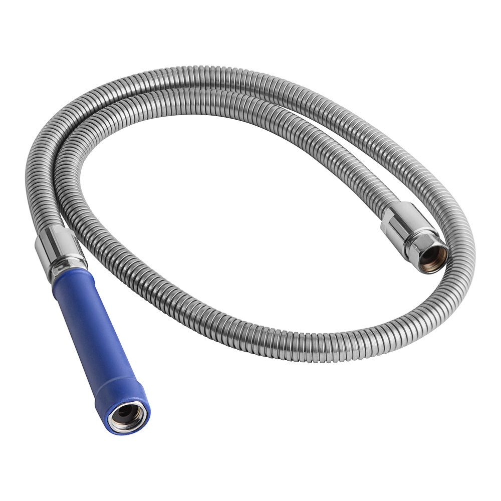 A flexible blue Waterloo pre-rinse faucet hose with a silver connector and blue handle.
