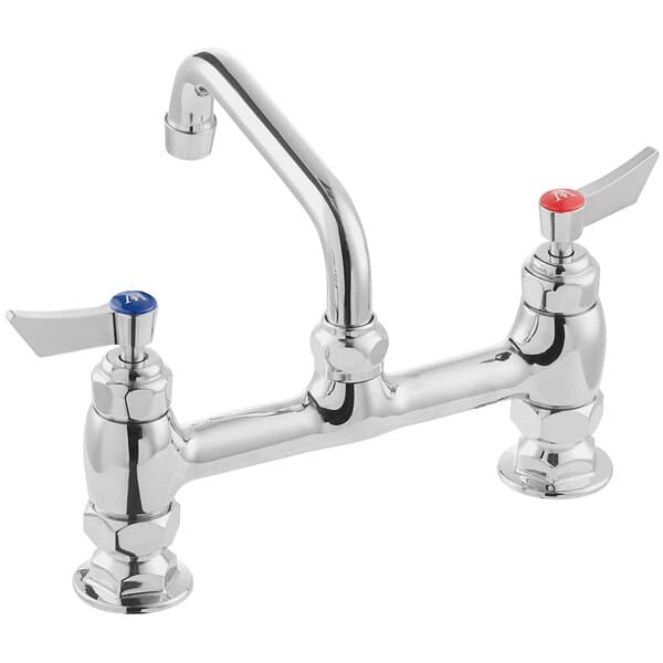 A Waterloo deck-mounted faucet with two red and blue handles.