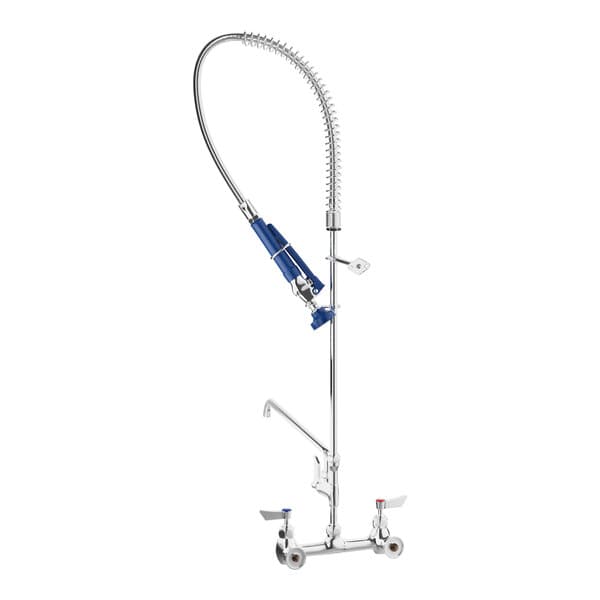 A white and blue Waterloo wall-mounted pre-rinse faucet with a blue and silver hose.