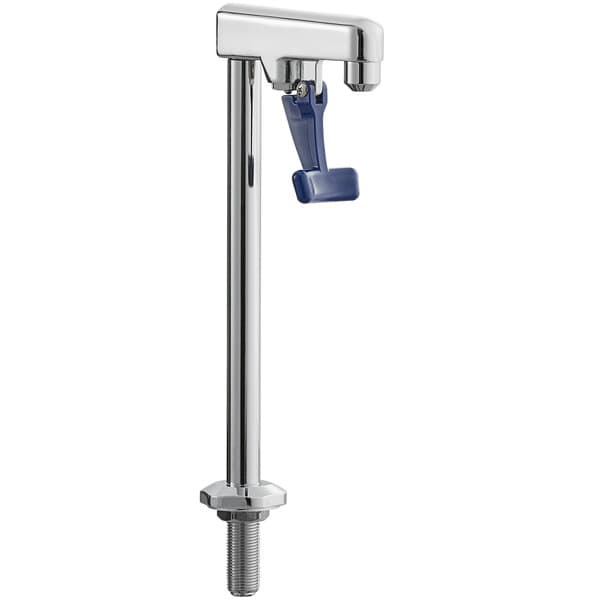 A Waterloo countertop glass filler with a chrome body and blue handle.