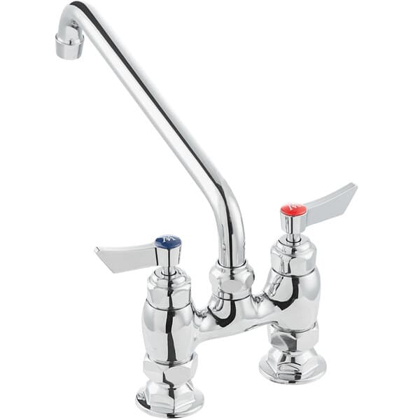 A silver Waterloo deck-mount faucet with chrome handles and a swing spout.