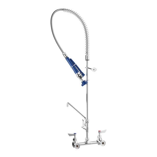 A white and blue Waterloo wall-mounted pre-rinse faucet with a blue and silver hose.