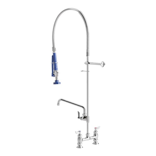 A Waterloo pre-rinse faucet with a blue handle.