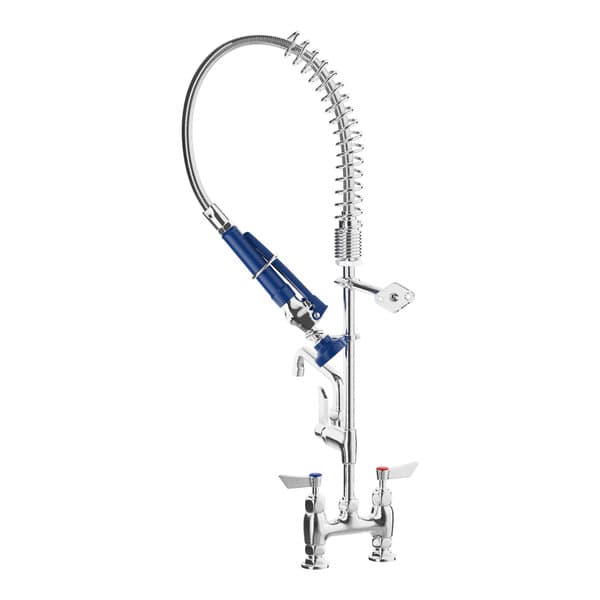 A silver Waterloo deck-mounted pre-rinse faucet with a blue handle and hose.