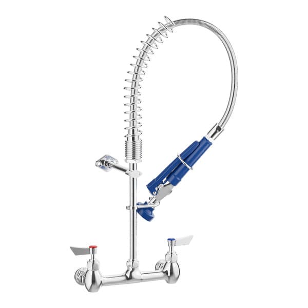 A silver Waterloo low profile wall-mounted pre-rinse faucet with blue handles and a metal tube.