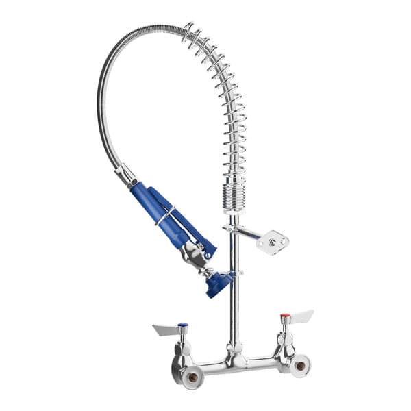 A blue and silver Waterloo low profile wall-mounted pre-rinse faucet with a hose.