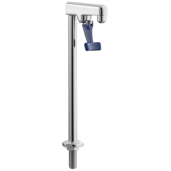 A Waterloo countertop glass filler faucet with a chrome pipe and blue handle.