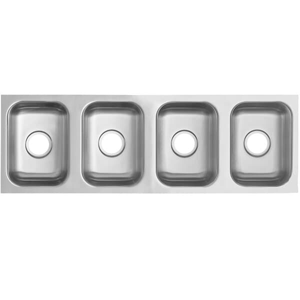 A row of three Waterloo stainless steel undermount sink bowls.