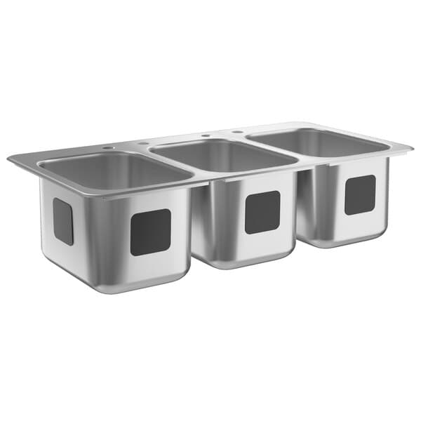 A silver Waterloo three compartment drop-in sink.