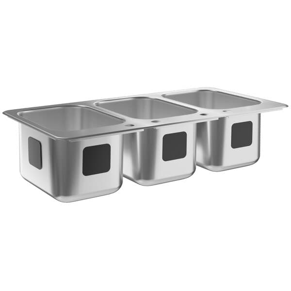 A silver 18 gauge stainless steel Waterloo three compartment drop-in sink.