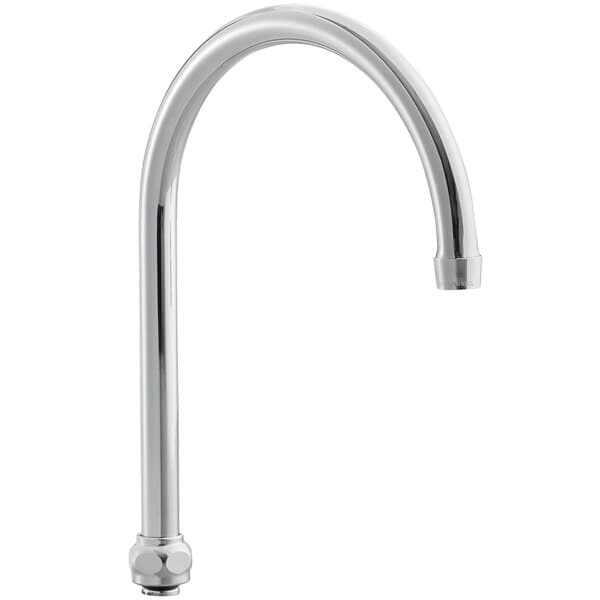 A Waterloo chrome gooseneck faucet spout with a silver faucet and a metal pipe.