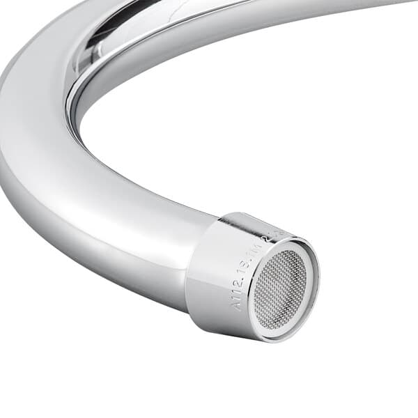 A close up of a chrome Waterloo gooseneck faucet spout.