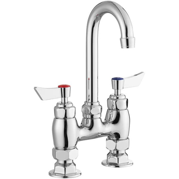 A silver Waterloo deck-mount faucet with two red handles.
