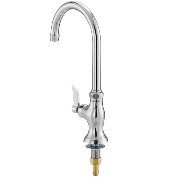A silver Waterloo deck-mount faucet with a gold handle.