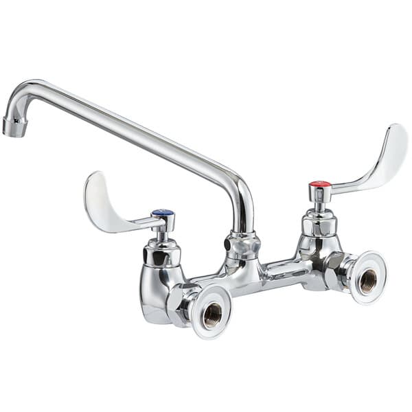 A chrome Waterloo wall-mounted faucet with silver wrist handles and a 12" swing spout.