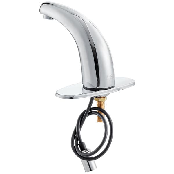 A chrome Waterloo hands-free sensor faucet with a black cord.