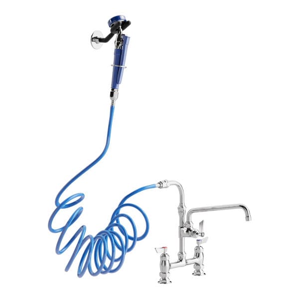 A Waterloo pet grooming faucet with a blue coiled hose and sprayer handle.