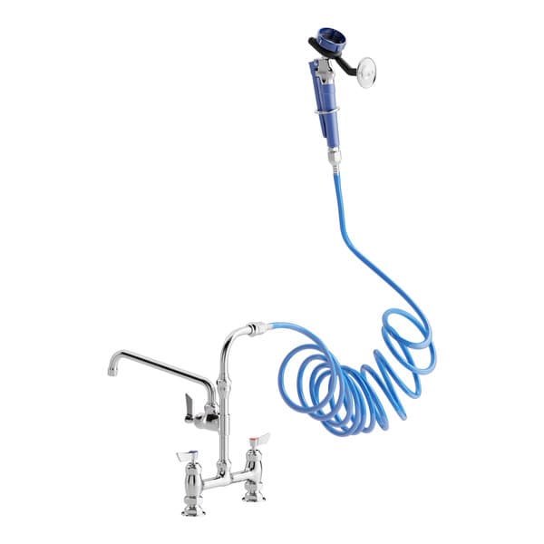 A Waterloo pet grooming faucet with blue coiled hose attached.