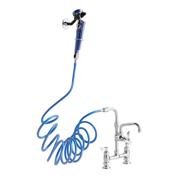 A Waterloo pet grooming faucet with a blue hose attached.