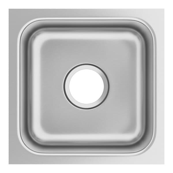 A close-up of a Waterloo stainless steel undermount sink with a white circle in the center.