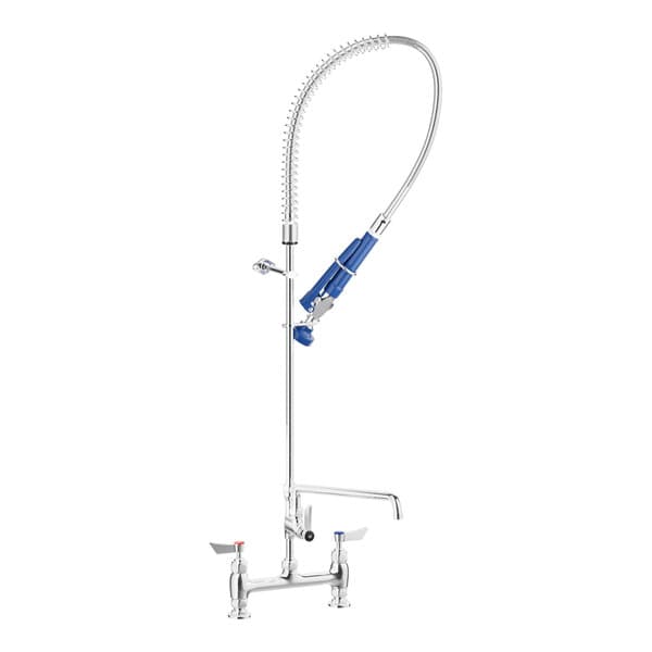 A white Waterloo deck-mounted pre-rinse faucet with blue accents and a hose.