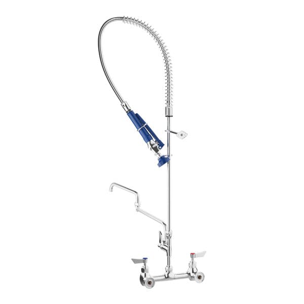 A white Waterloo wall-mounted pre-rinse faucet with a double-jointed add-on faucet and hose.