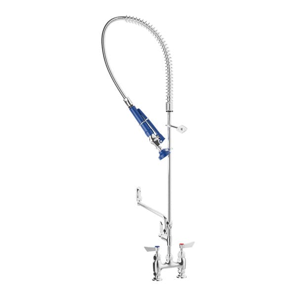 A blue and silver Waterloo deck-mounted pre-rinse faucet with a double-jointed add-on faucet and a hose.