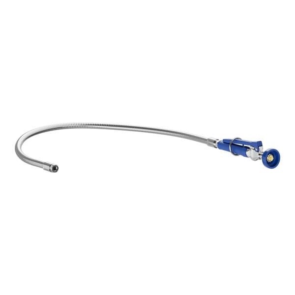 A blue and silver Waterloo pre-rinse faucet hose with a curved connector.