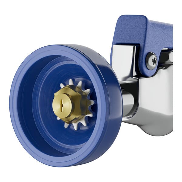 A blue and silver Waterloo pre-rinse spray valve with a white and gold hose.