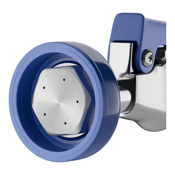 A blue and silver Waterloo pre-rinse spray valve with hose and circular handle.