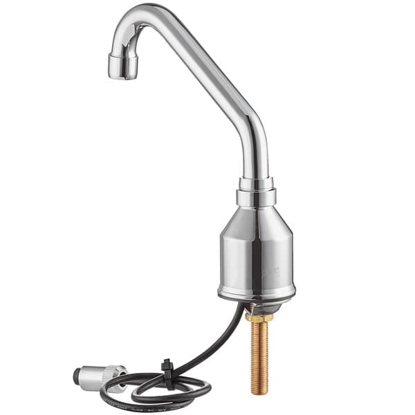 A Waterloo chrome deck-mount medical faucet with a cable.