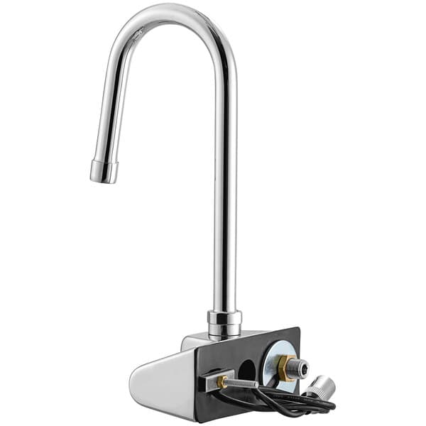 A Waterloo chrome hands-free sensor faucet with a gooseneck spout over a hole in a counter.