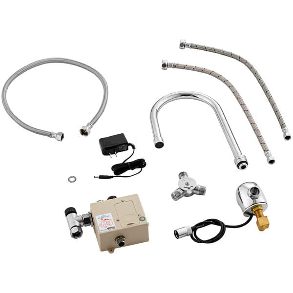 Waterloo wall-mount hands-free sensor faucet with metal pipes and wires.