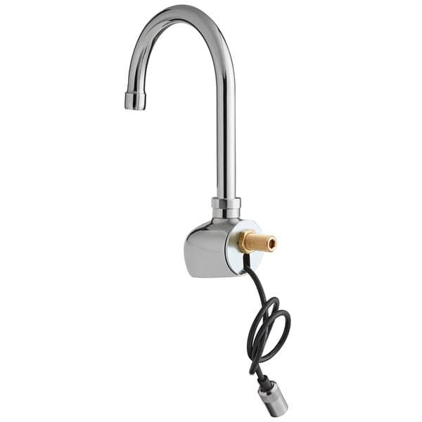 A close-up of a Waterloo chrome hands-free sensor faucet with gooseneck spout.