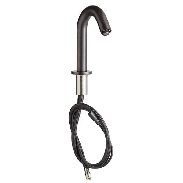 The Waterloo Deck Mount Bronze Hands-Free Sensor Faucet with a hose.