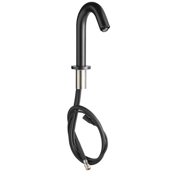 A black metal Waterloo deck mount hands-free sensor faucet with a gooseneck spout.