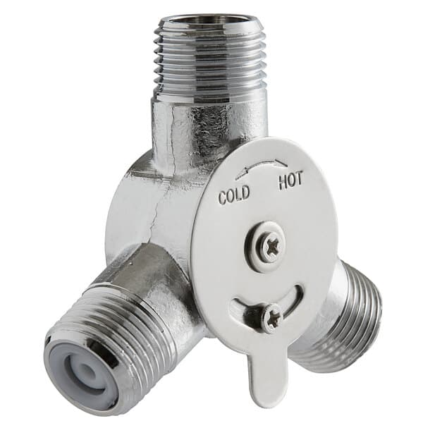 A silver metal Waterloo manual mixing valve with a white knob.