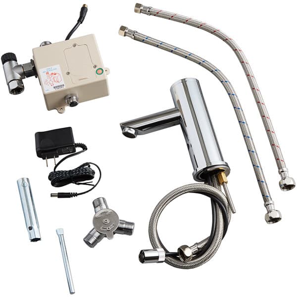 A close-up of a Waterloo hands-free sensor faucet with a straight spout.