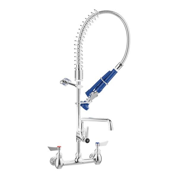A silver Waterloo low profile wall-mounted pre-rinse faucet with blue handles and a hose.