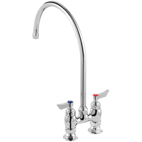 A Waterloo chrome deck-mount faucet with red and blue knobs.