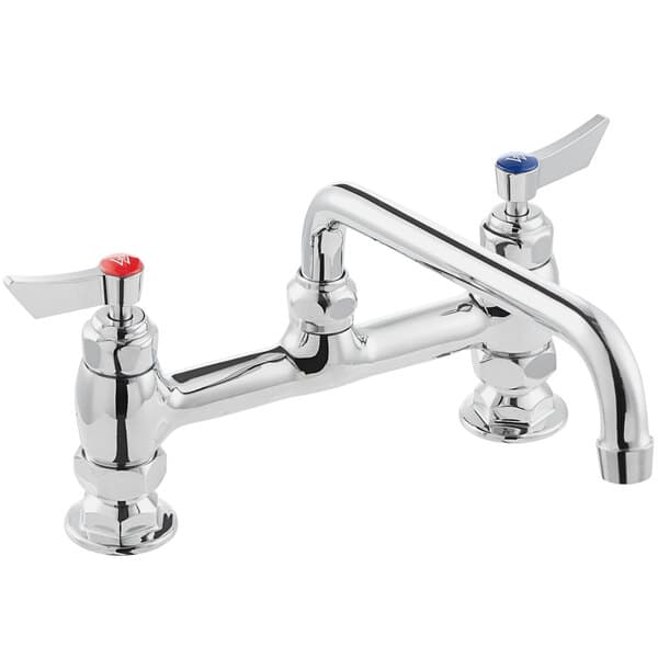 A Waterloo deck-mounted faucet with two red handles and two blue handles.