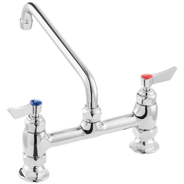 A silver faucet with red and blue knobs.
