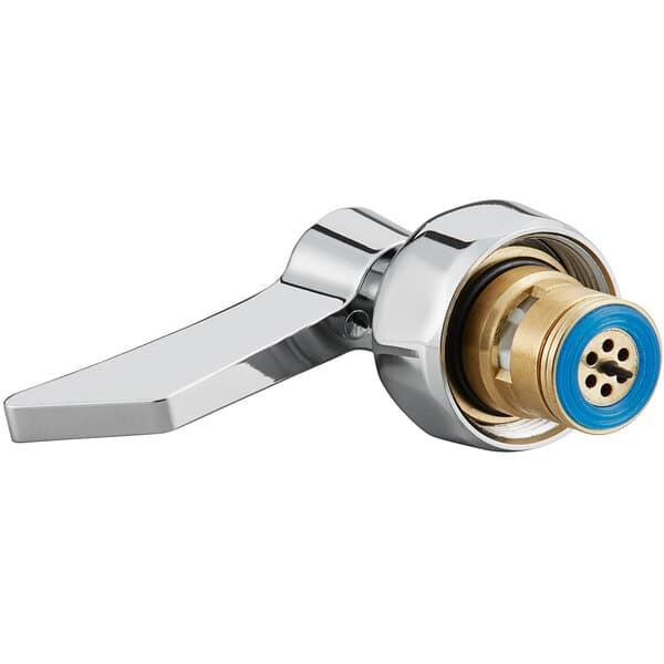 A close-up of a Waterloo ceramic faucet cartridge repair kit with a blue and white handle.