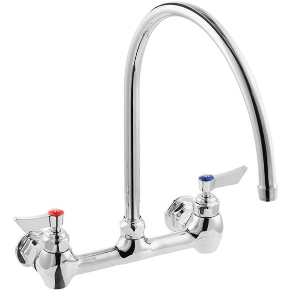 A silver Waterloo wall mount faucet with red and blue knobs.