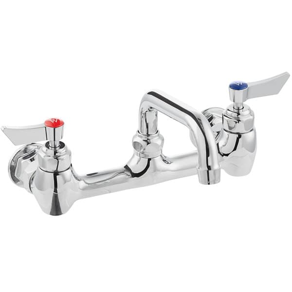 A chrome Waterloo wall-mounted faucet with two knobs and two faucets.