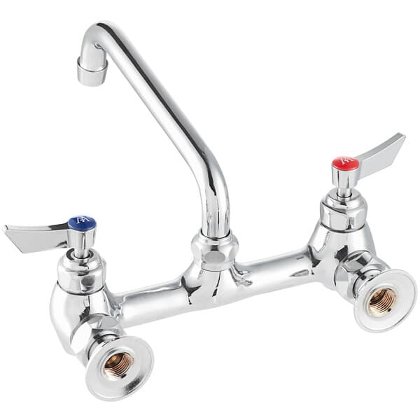 A chrome Waterloo wall-mounted faucet with silver and red and blue knobs.