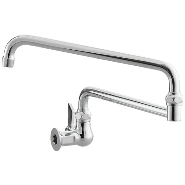 A silver Waterloo wall-mounted pot and kettle filler faucet with a double-jointed swing spout.