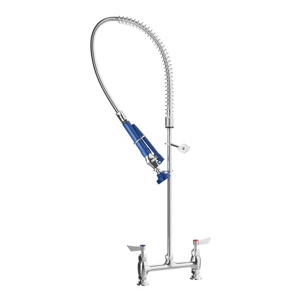 A chrome Waterloo pre-rinse faucet with a blue and silver hose and handle.