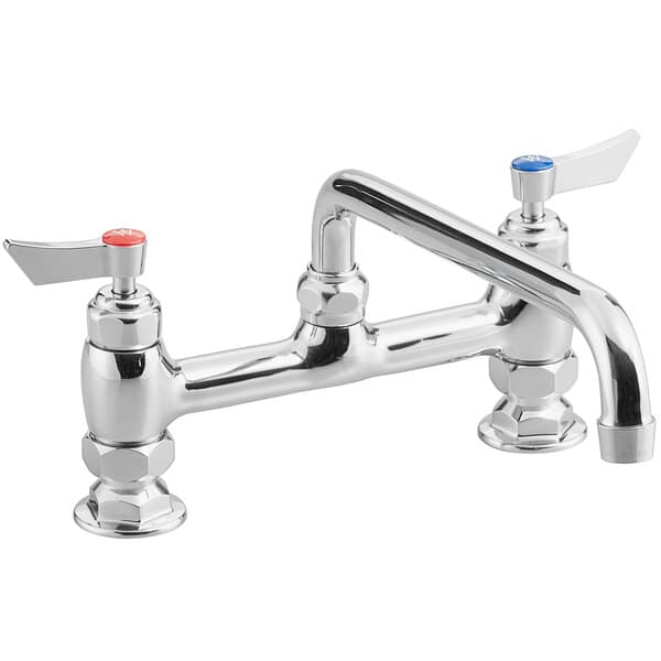 A Waterloo deck-mounted faucet with two handles and a 12" swing spout in chrome.
